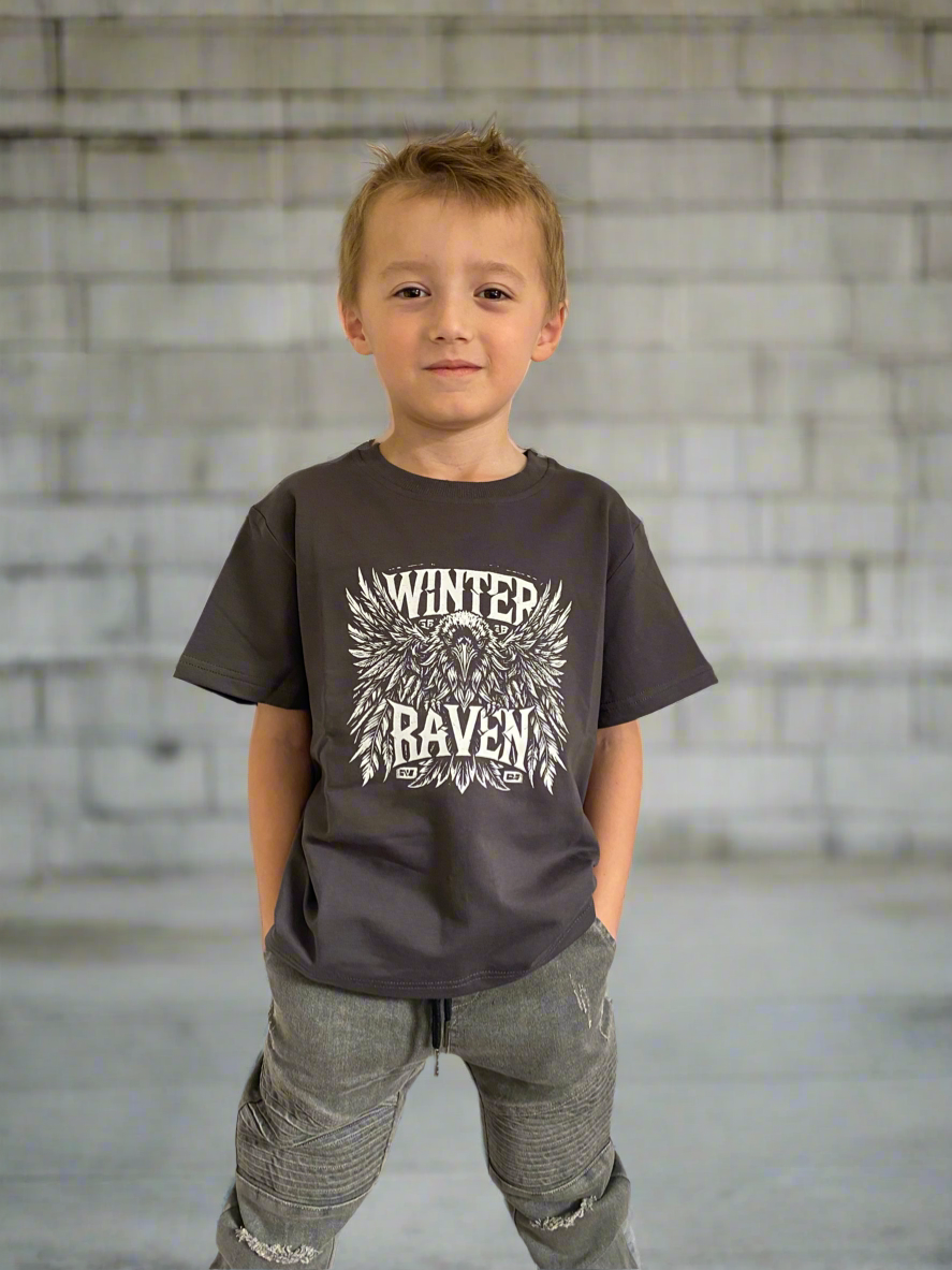 Raven Riot Model Raven Riot Kids Short Sleeve Tee - Charcoal โ Winter + Raven